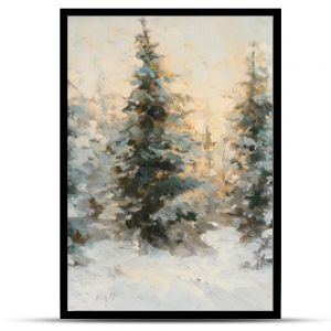 Serene winter landscape featuring fir trees dusted with snow in soft greens and warm golden lights