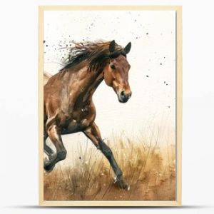 Watercolor Illustration of a Horse in Full Gallop. Serene and Dynamic Scene in Natural Hues.