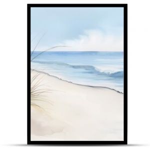 A serene beach scene rendered in watercolor, showing the fluid transitions between colors, soft brush techniques, and the artist's palette capturing the essence of the seaside