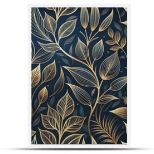 Elegant floral organic texture wallpaper illustration featuring intricate gold line art leaves on a dark, mysterious background with a seamless repeating pattern.