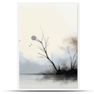 Minimalist landscape with trees, birds, and soft pastel tones