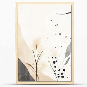 Abstract botanical design features delicate plants and organic shapes in muted colors on a textured background