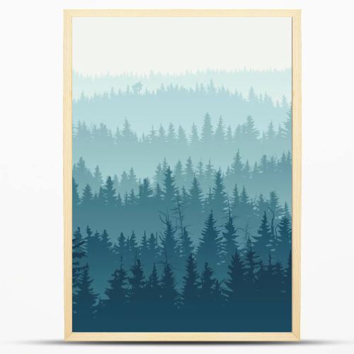 Horizontal illustration of blue coniferous forest.