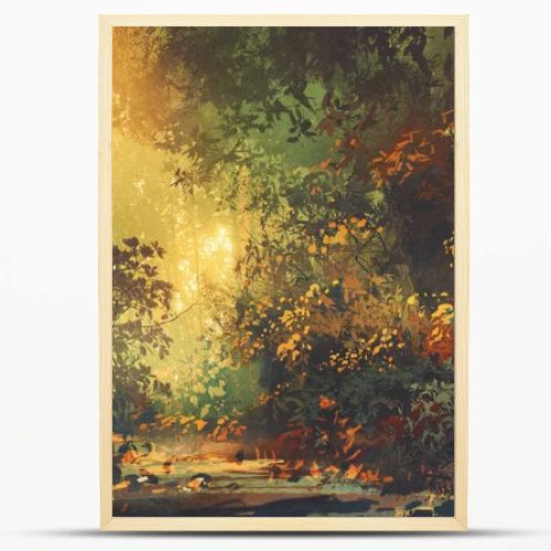 colorful forest with trees and flowers in spring at sunset