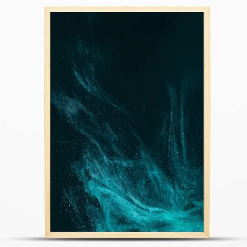 abstract artistic background with turquoise paint flowing on black 