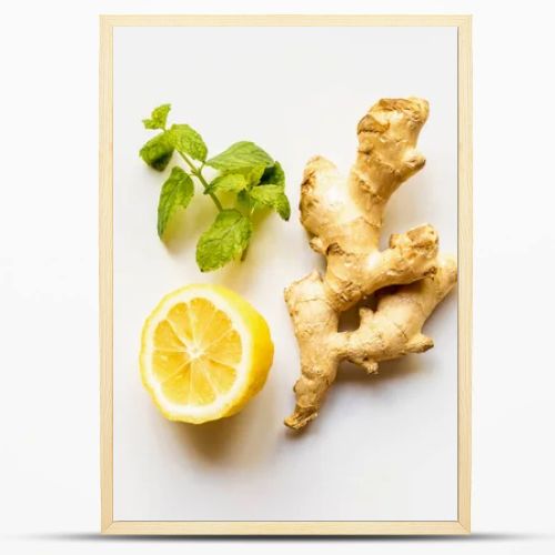 top view of ginger root, lemon and mint on white background