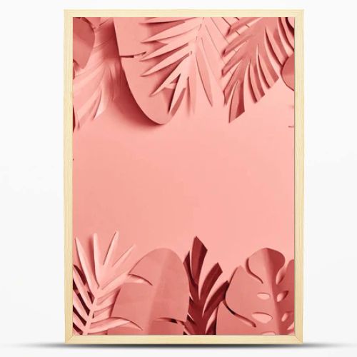 top view of tropical paper cut palm leaves on pink background