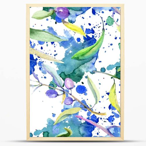 Olives watercolor background illustration set. Seamless background pattern. Fabric wallpaper print texture.