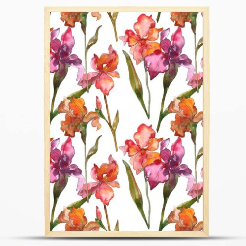 Red and purple irises. Watercolor illustration set. Seamless background pattern. Fabric wallpaper print texture.