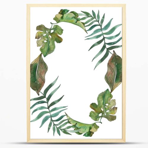 Exotic tropical hawaiian summer. Palm beach tree leaves. Watercolor background illustration set. Watercolour drawing fashion aquarelle isolated. Frame border ornament square.