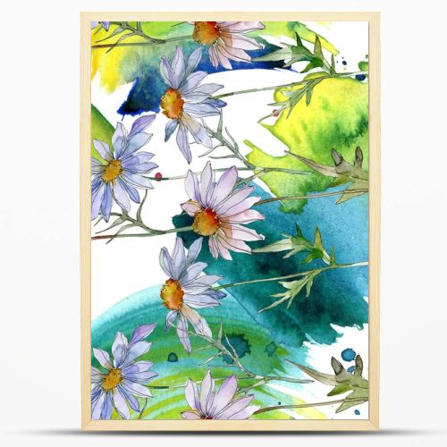 chamomiles with green leaves watercolor illustration, seamless background pattern