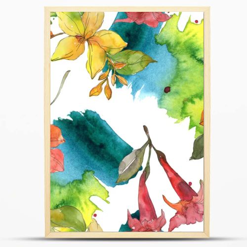 Red and yellow tropical botanical flowers. Wild spring leaf isolated. Watercolor illustration set. Watercolour drawing fashion aquarelle. Seamless background pattern. Fabric wallpaper print texture.