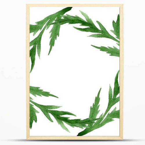 Green poppy leaves isolated on white. Watercolor background illustration set. Frame ornament with copy space.