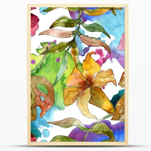 Exotic tropical hawaiian summer. Watercolor background illustration set. Seamless background pattern.