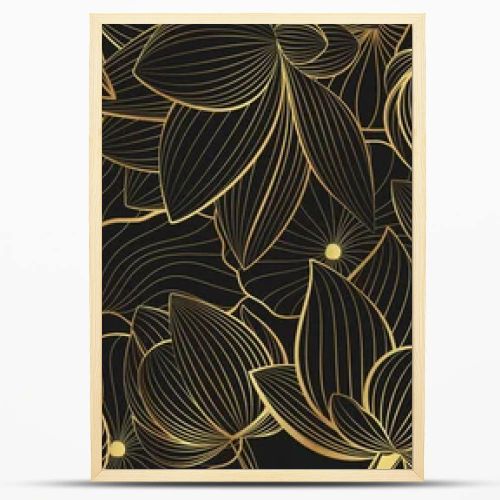 Vector banner with golden lotus flowers on a black background. Line art style.