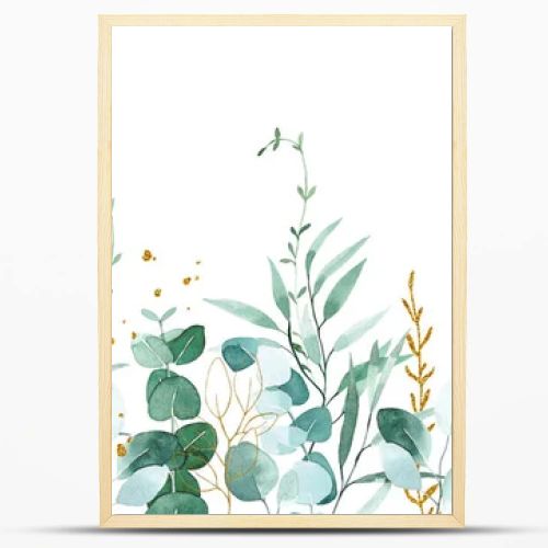 watercolor seamless pattern, border with green eucalyptus leaves and golden leaves and splashes.