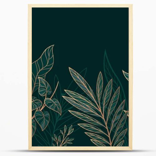 Leaves golden background. Aesthetics and elegance, luxury. Symbol of spring and summer season. Linear ornament with foliage. Monstera plant line art pattern. Flat vector illustration