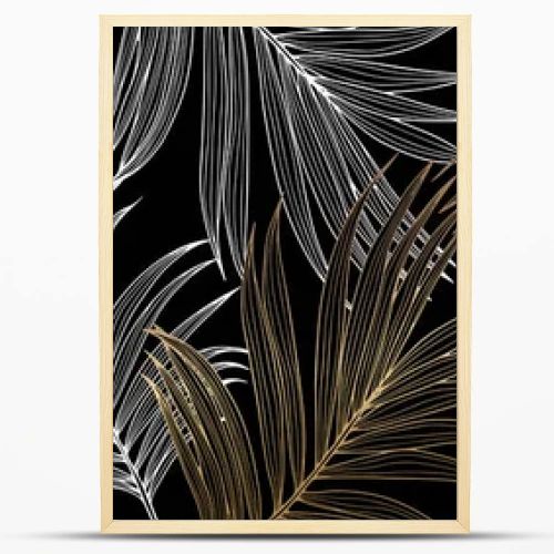 Tropical dark luxury background with golden and white palm leaves. Background for decor, covers, wallpapers, postcards and presentations