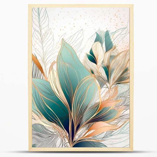 Lines Arrangement abstract watercolor pattern with line art leaves.  Vector modern tropical background. Floral leafy pattern. Fashion trendy abstract arrangements with tropical lines flowers, leaves.