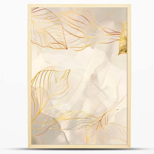 Gold leaves watercolor drawing pattern background with golden line art leaves, brush strokes, spots. Vector painted beautiful  illustration. Elegance decorative nature design. Grunge ornate texture.