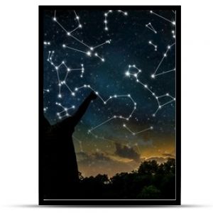 Astrology concept. Constellations on night sky. Silhouettes of astrologers observing zodiac constellation.