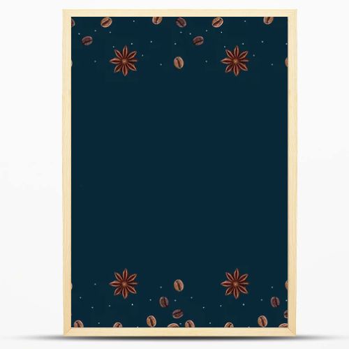 top view of frame made from coffee beans and anise stars isolated on dark blue background