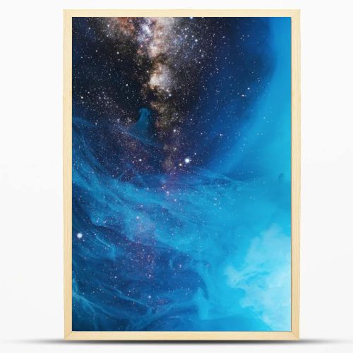 full frame image of mixing blue and black paint splashes in water with universe background