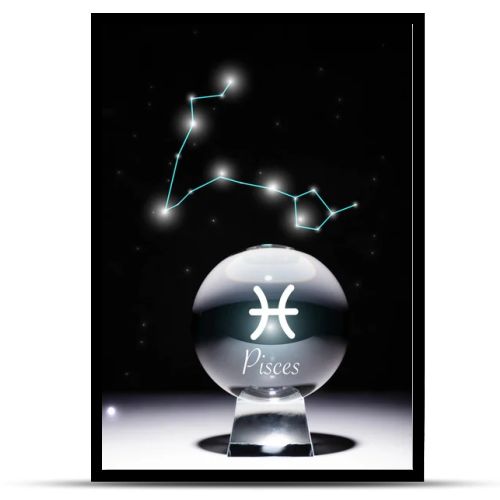 crystal ball with Pisces zodiac sign isolated on black with constellation