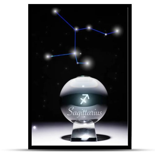crystal ball with Sagittarius zodiac sign isolated on black with constellation
