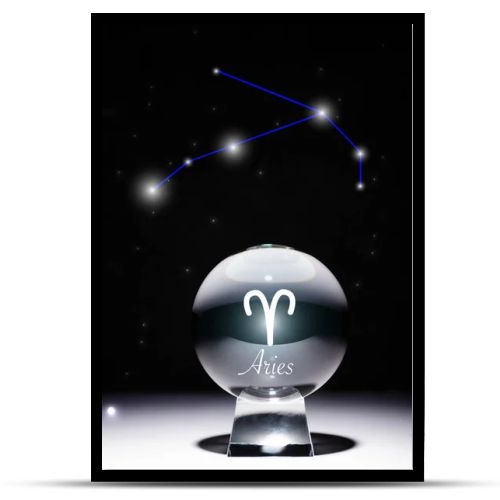 crystal ball with Aries zodiac sign isolated on black with constellation