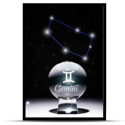 crystal ball with Gemini zodiac sign isolated on black with constellation