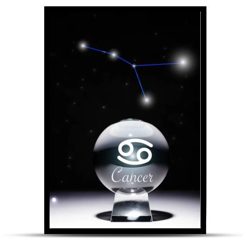 crystal ball with Cancer zodiac sign isolated on black with constellation