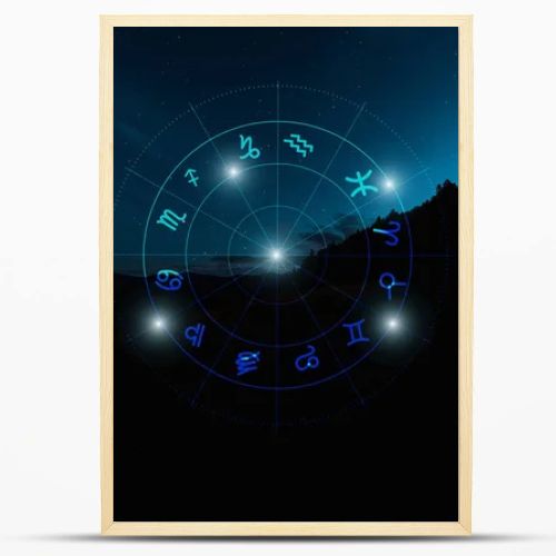 dark landscape with night starry sky and zodiac signs illustration