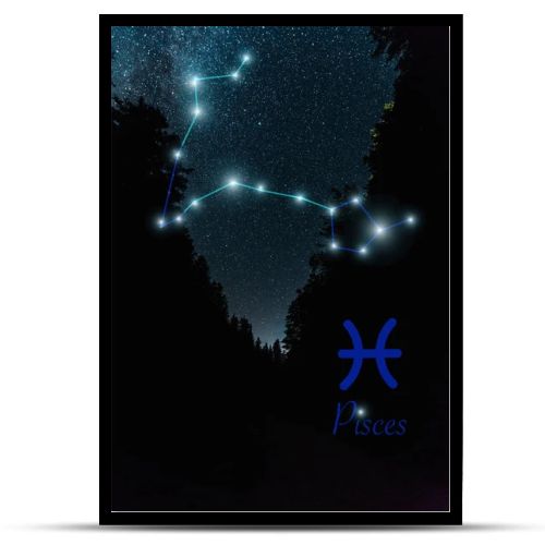 dark landscape with night starry sky and Pisces constellation