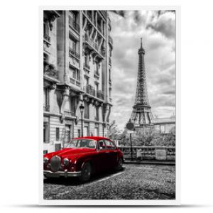 Artystyczna Paryż Francja Wieża Eiffla widziana z ulicy z czerwoną limuzyną retro