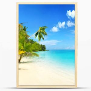Piękna plaża z białym piaskiem turkusowym oceanem błękitne niebo z chmurami i palmą nad wodą w słoneczny dzień Malediwy idealne