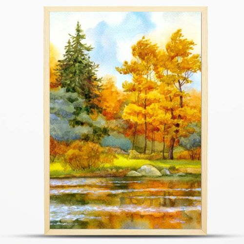 Watercolor landscape. Autumnal forest on the lake