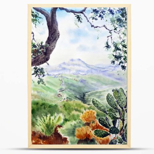 Landscape with hills far away and oak tree as a frame. Big prickly pear cactus closeup in the foreground against the background with bushes and a slope. Hand drawn watercolors on paper textures. Raster bitmap image