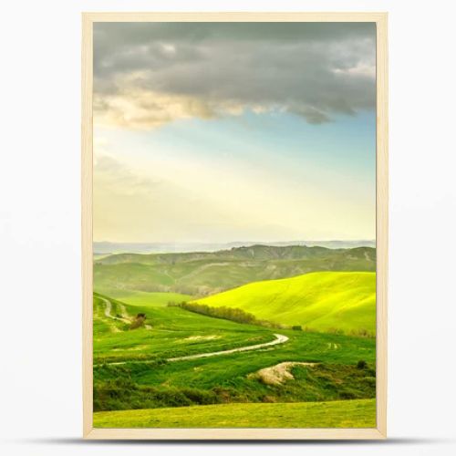 Tuscany, rural sunset landscape. Countryside farm, white road and cypress trees.