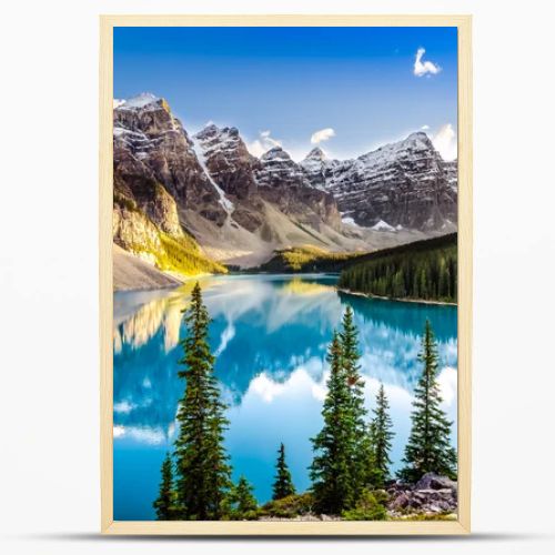 Landscape sunset view of Morain lake and mountain range