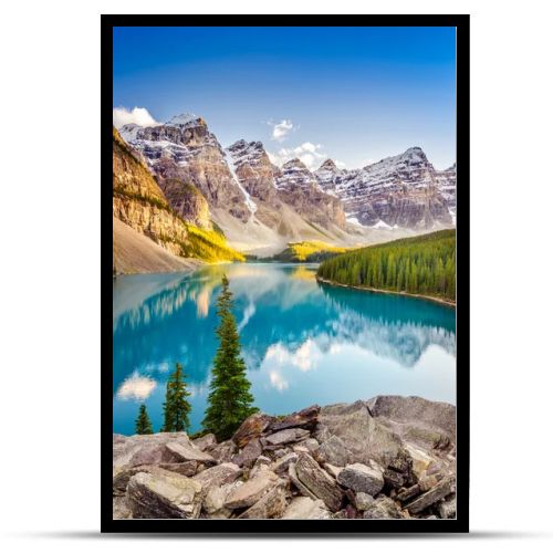 Landscape view of Moraine lake in Canadian Rocky Mountains