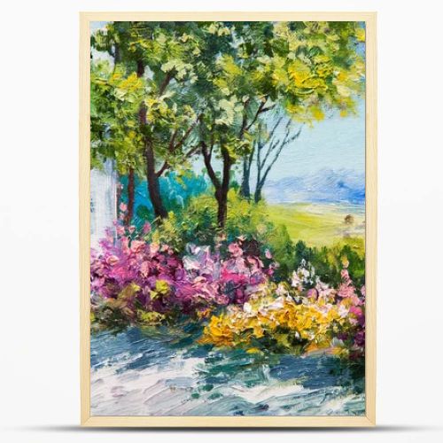 oil painting landscape - garden near the house, colorful flowers, summer forest