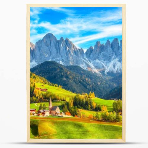 Marvelous autumn scene of magnificent  Santa Maddalena village in Dolomites.  Location: Santa Maddalena village, Val di Funes, Trentino-Alto Adige, Dolomites, Italy, Europe
