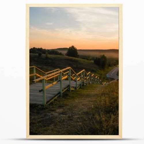 wooden stairs at sunset