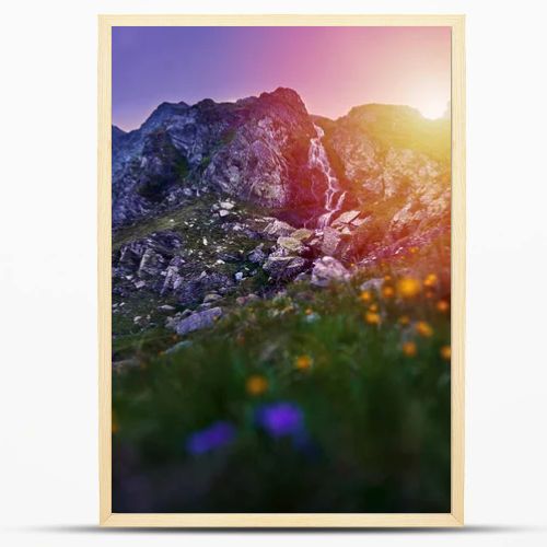 A waterfall in the mountains at sunset with a field of wild flowers in foreground