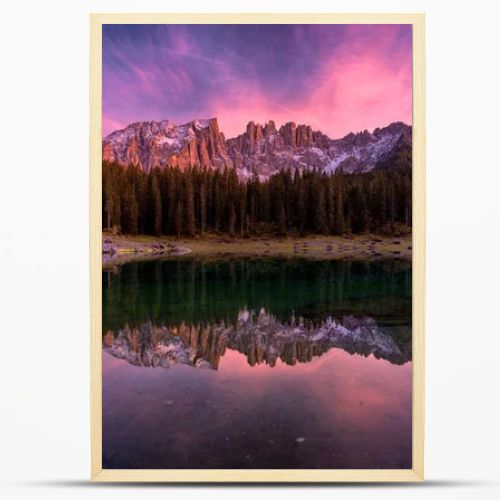Beautiful sunset at Carezza lake, Dolomites, Italy, Europe