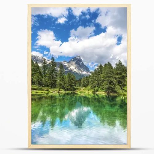 The Blue Lake (Lago blu in italian) and the reflected Matterhorn (Cervino in italian). Cervinia, Aosta Valley region, Italy