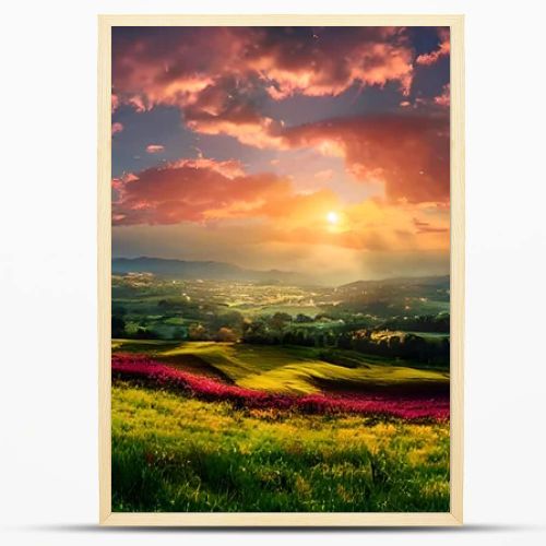 A peaceful meadow atop a hill, aglow with the warm colors of a sunset. Tall grasses, wildflowers, and rolling hills surround the scene, creating a serene and picturesque countryside ambiance.