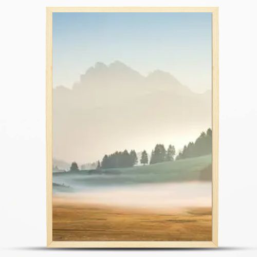 This photo captures Alpe di Siusi in the Dolomites at sunrise, with mist rolling over green meadows, scattered cabins, and distant mountains bathed in soft morning light
