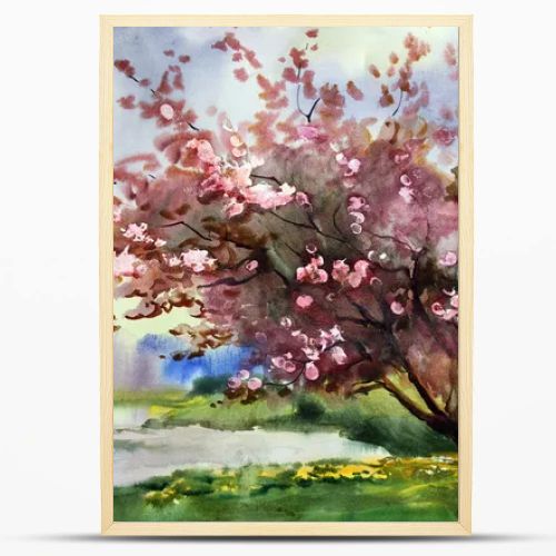 Watercolor painting landscape with blooming spring tree with flowers.